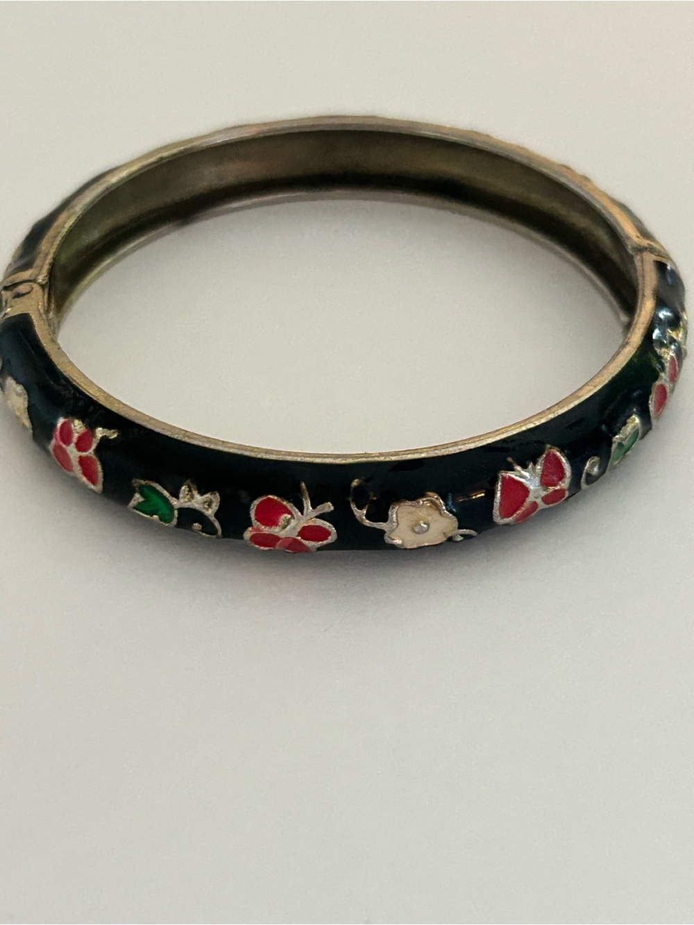 Vintage Black Enamel Floral Bangle Bracelet